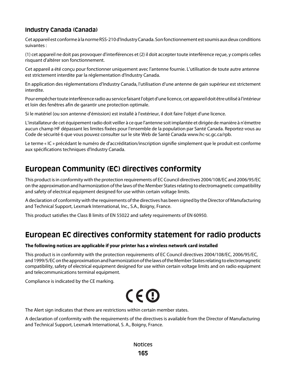 European community (ec) directives conformity | Lexmark 7600 Series User Manual | Page 165 / 181