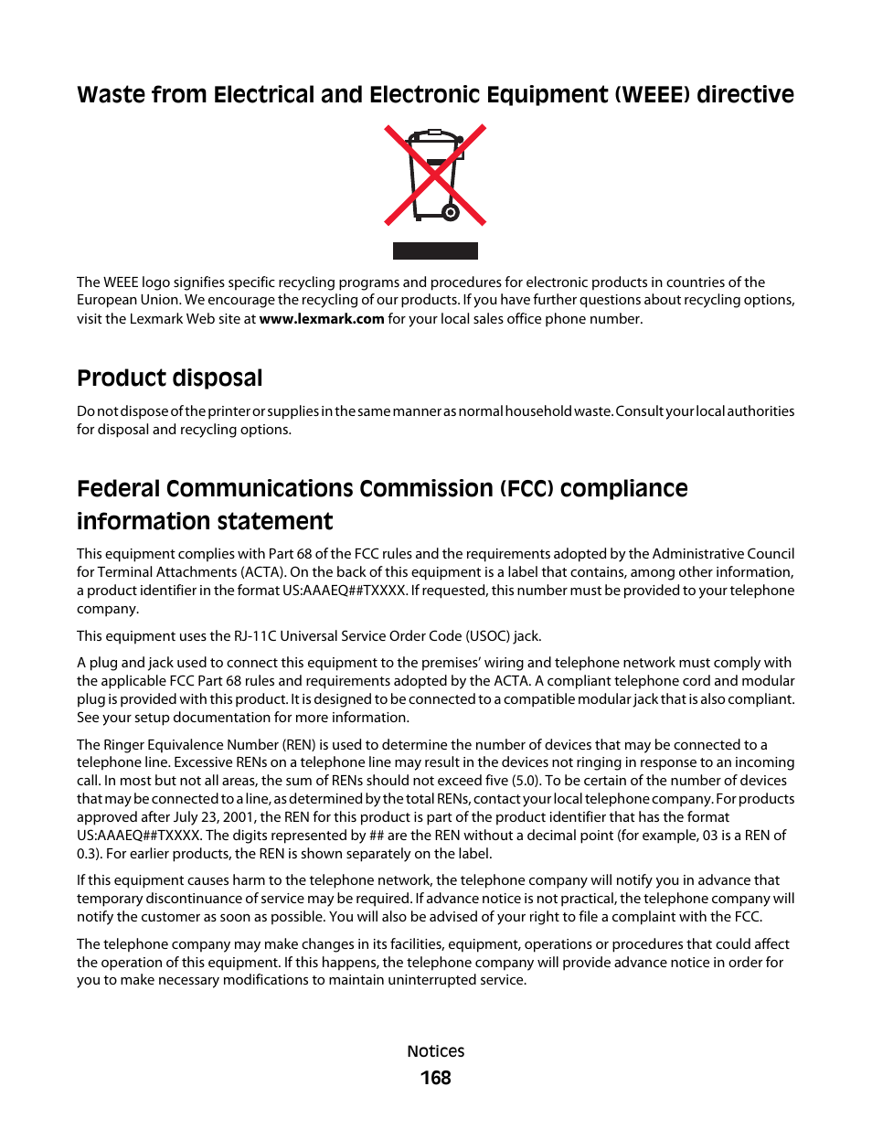Product disposal | Lexmark 7600 Series User Manual | Page 168 / 181