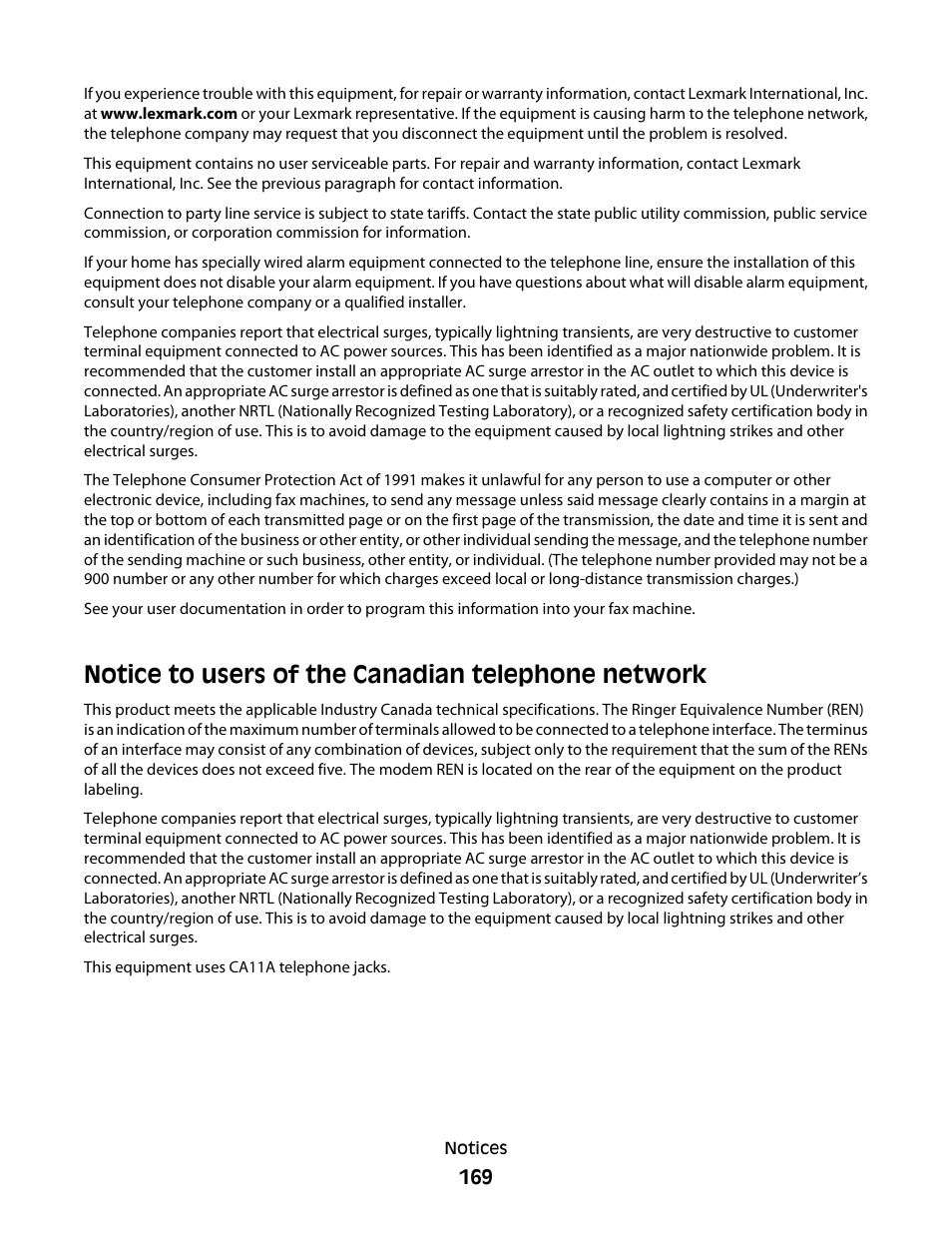 Notice to users of the canadian telephone network | Lexmark 7600 Series User Manual | Page 169 / 181