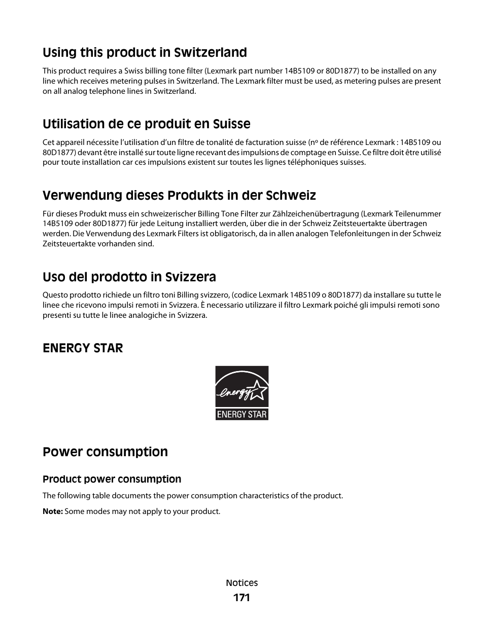 Energy star, Power consumption, Product power consumption | Using this product in switzerland, Utilisation de ce produit en suisse, Verwendung dieses produkts in der schweiz, Uso del prodotto in svizzera, Energy star power consumption | Lexmark 7600 Series User Manual | Page 171 / 181