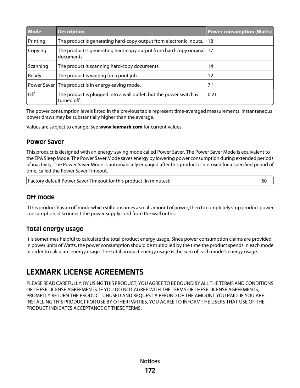 Power saver, Off mode, Total energy usage | Lexmark license agreements | Lexmark 7600 Series User Manual | Page 172 / 181