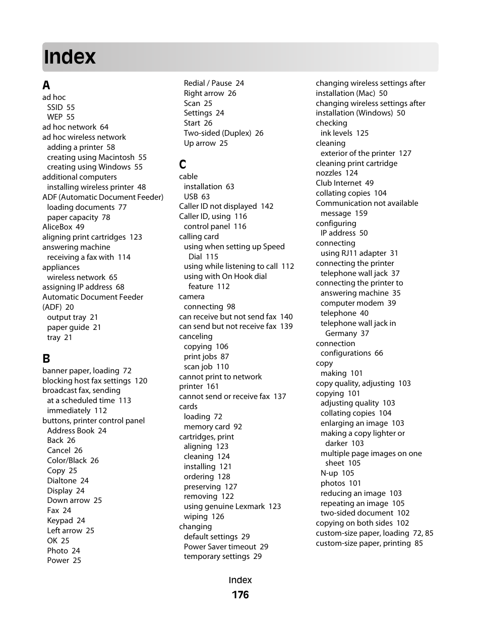 Index | Lexmark 7600 Series User Manual | Page 176 / 181