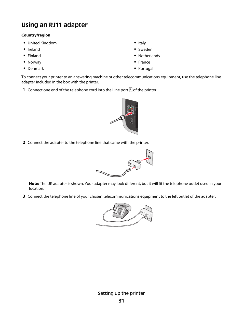 Using an rj11 adapter | Lexmark 7600 Series User Manual | Page 31 / 181