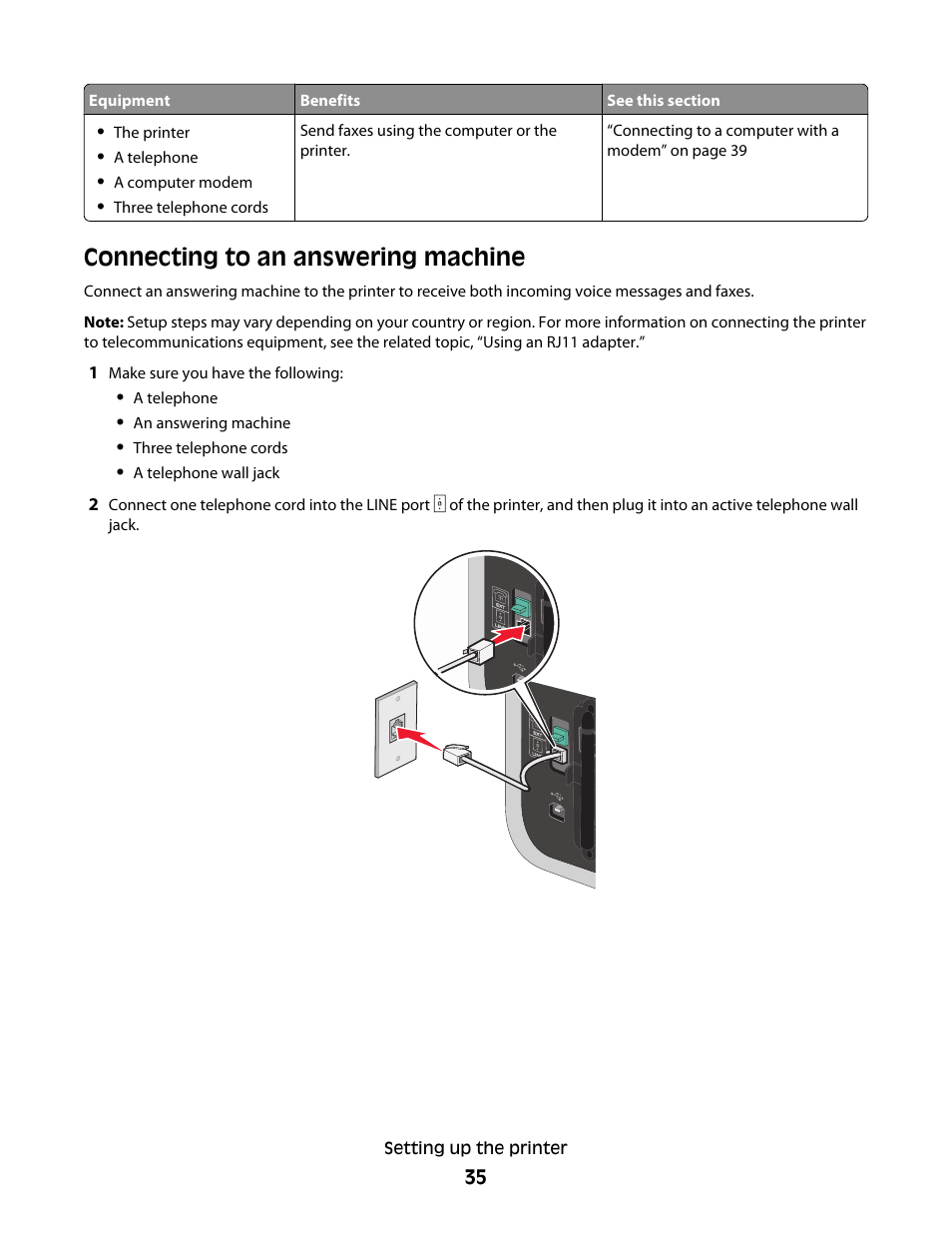 Connecting to an answering machine | Lexmark 7600 Series User Manual | Page 35 / 181