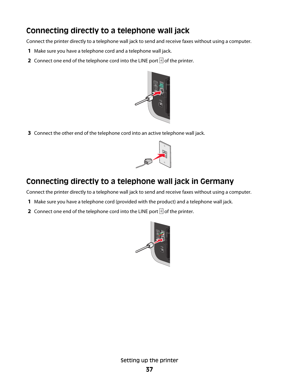 Connecting directly to a telephone wall jack | Lexmark 7600 Series User Manual | Page 37 / 181