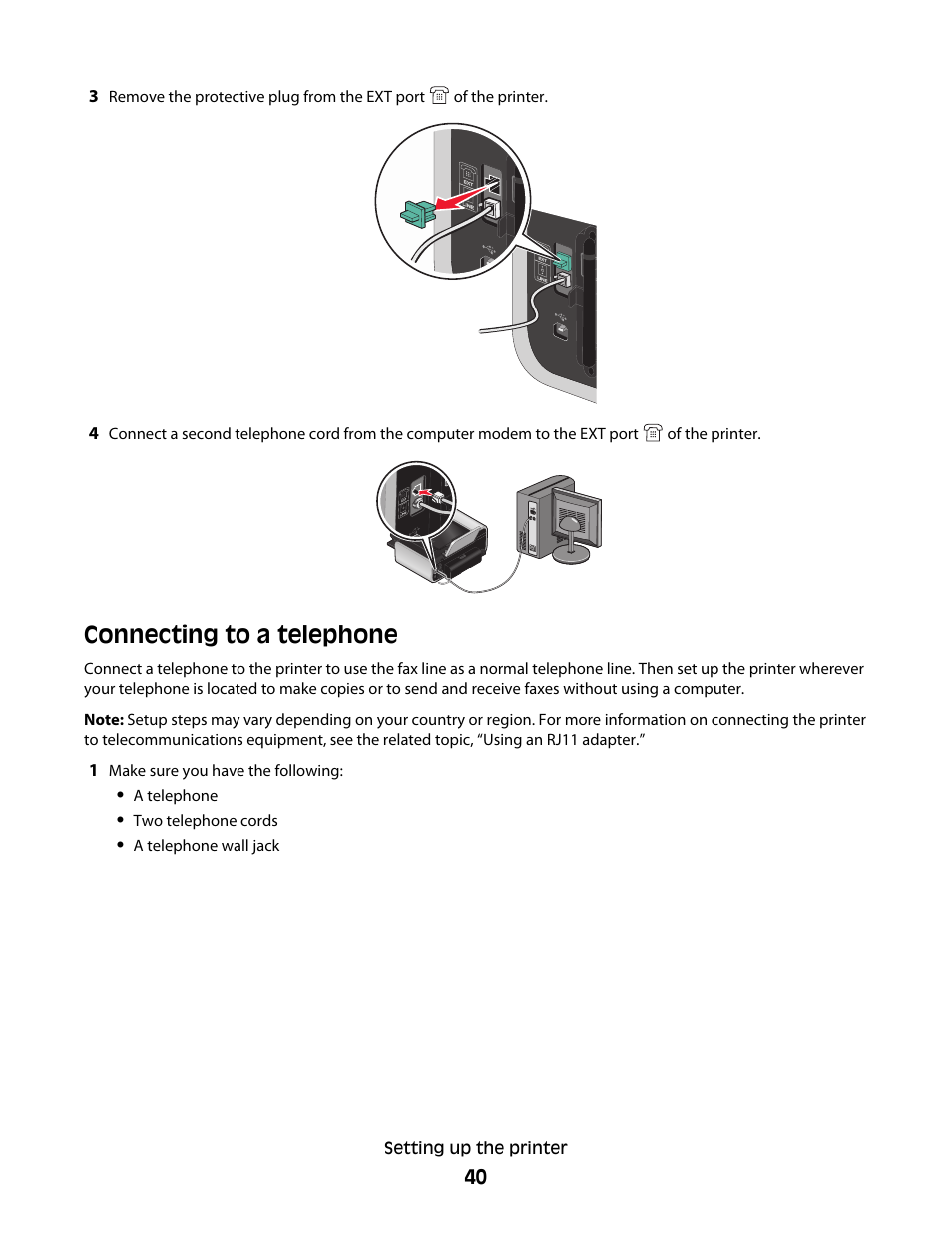 Connecting to a telephone | Lexmark 7600 Series User Manual | Page 40 / 181