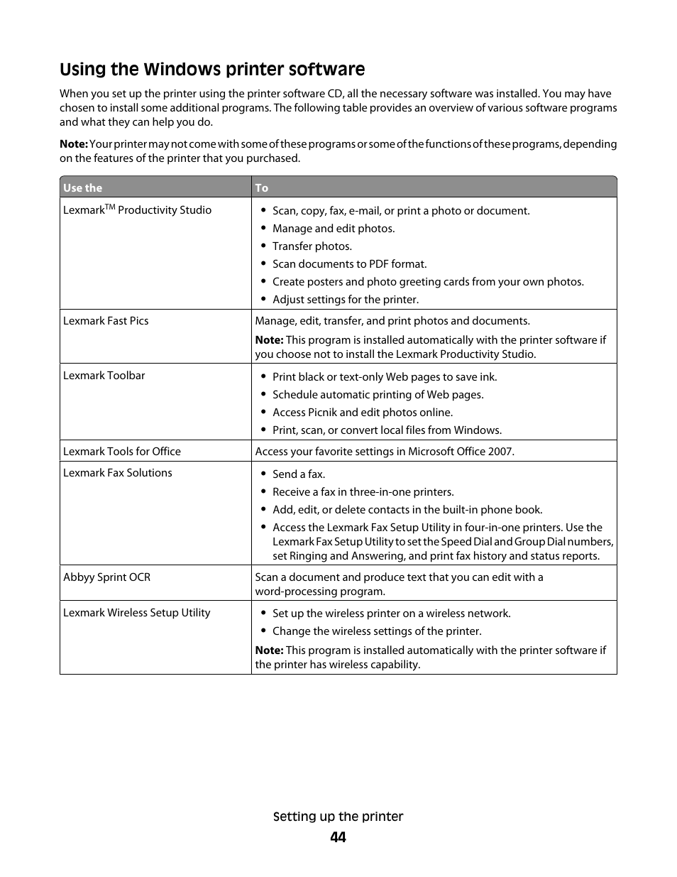 Using the windows printer software | Lexmark 7600 Series User Manual | Page 44 / 181