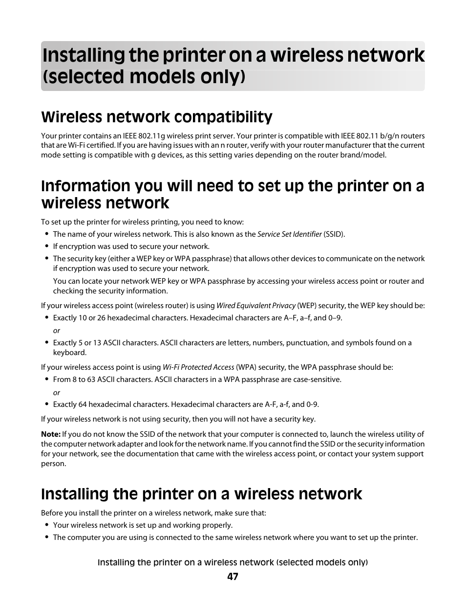 Wireless network compatibility, Installing the printer on a wireless network, Models only) | Lexmark 7600 Series User Manual | Page 47 / 181