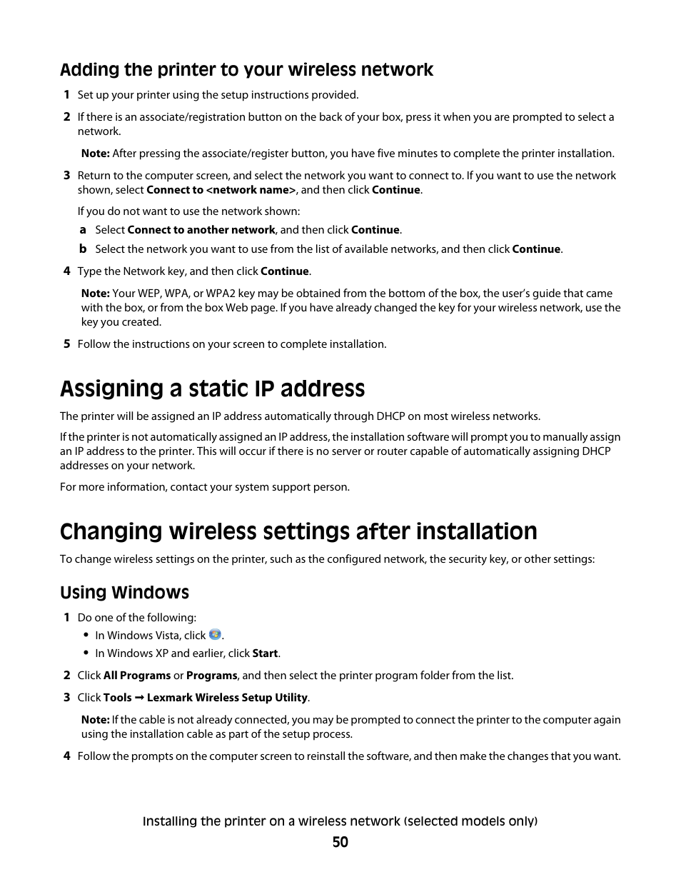 Assigning a static ip address, Changing wireless settings after installation, Adding the printer to your wireless network | Using windows | Lexmark 7600 Series User Manual | Page 50 / 181
