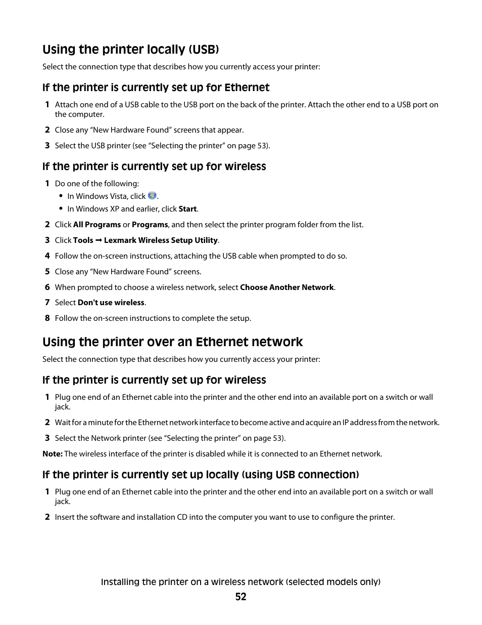 Using the printer locally (usb), Using the printer over an ethernet network | Lexmark 7600 Series User Manual | Page 52 / 181