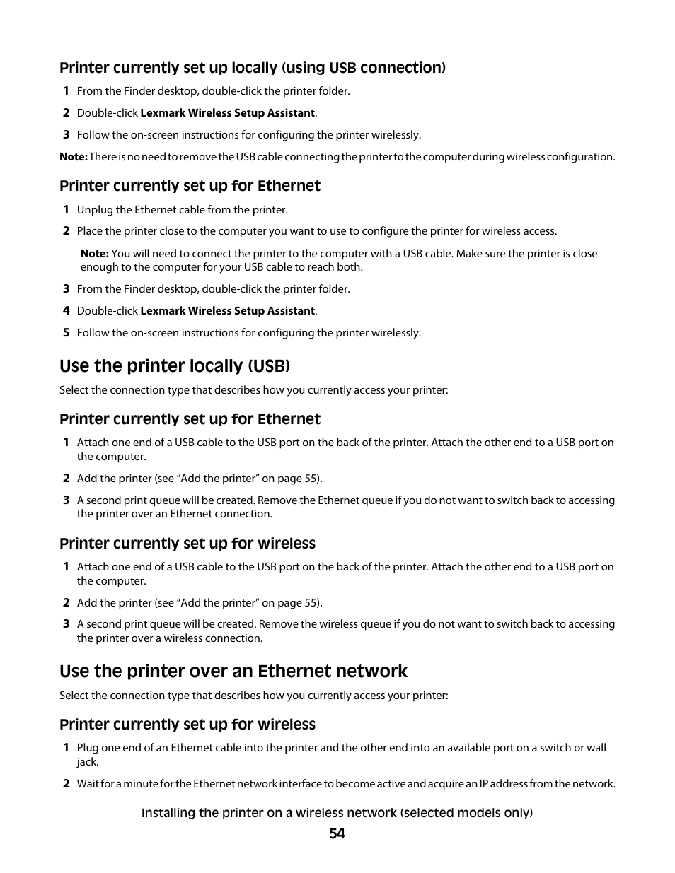 Use the printer locally (usb), Use the printer over an ethernet network | Lexmark 7600 Series User Manual | Page 54 / 181