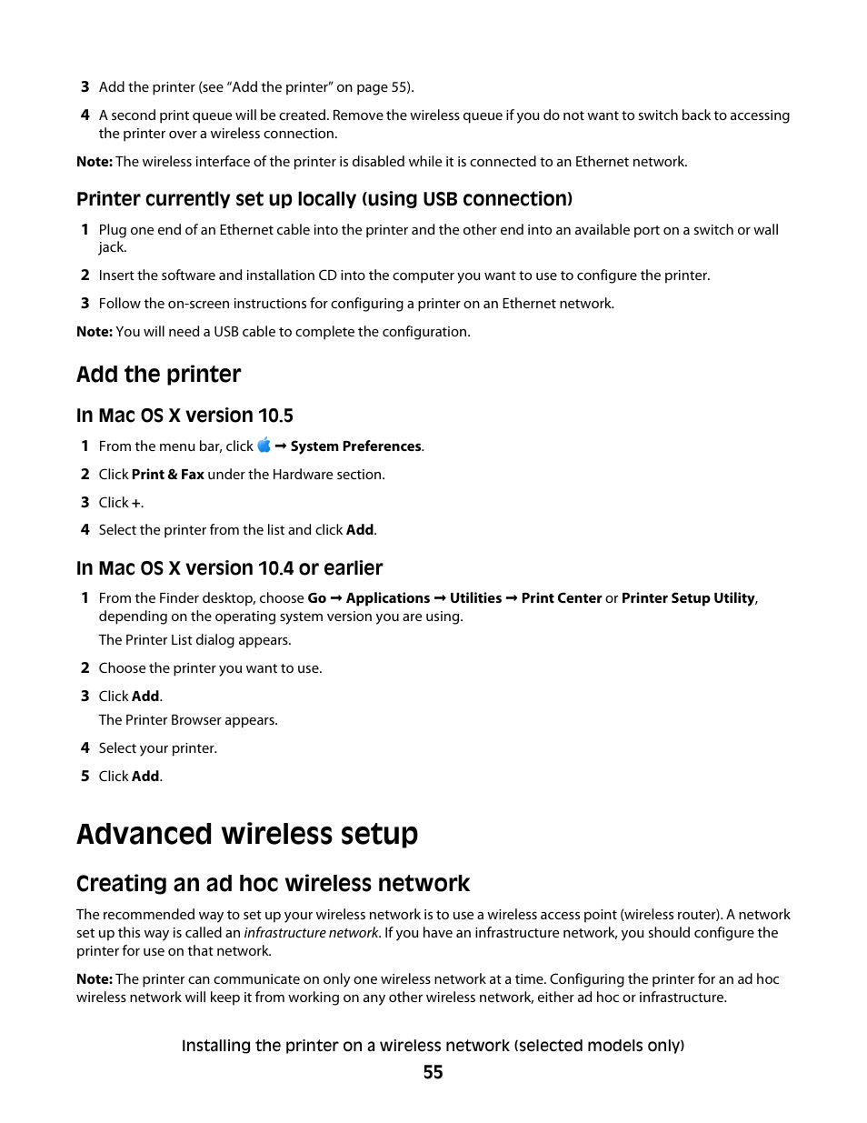 Advanced wireless setup, Creating an ad hoc wireless network, Add the printer | Lexmark 7600 Series User Manual | Page 55 / 181