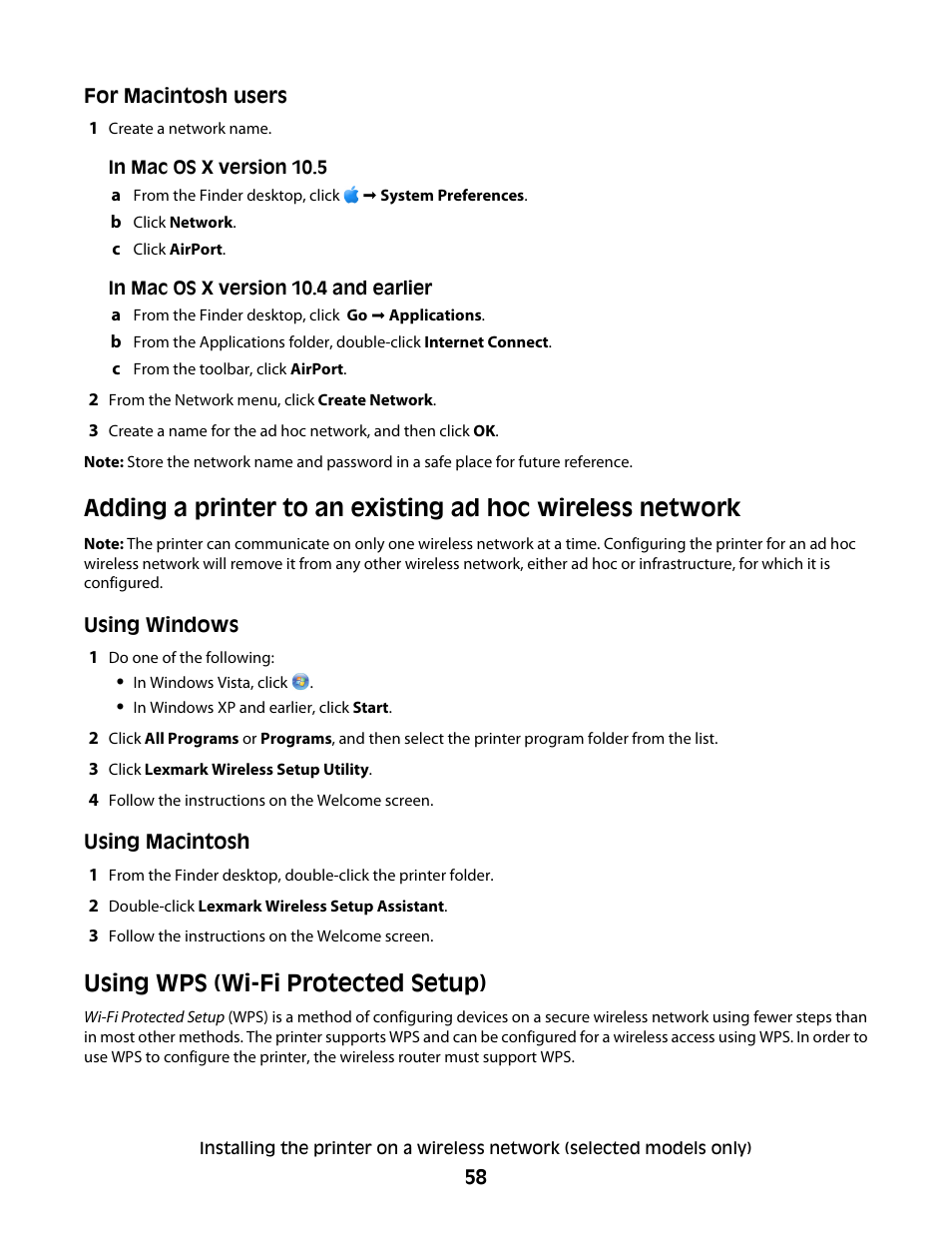Using wps (wi-fi protected setup) | Lexmark 7600 Series User Manual | Page 58 / 181