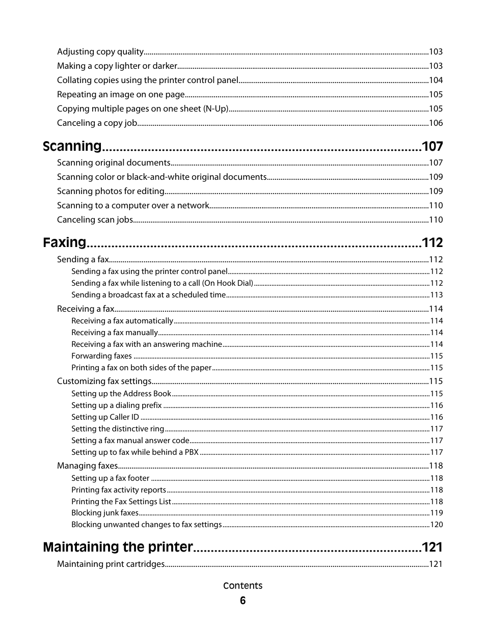 Scanning, Faxing, Maintaining the printer | Lexmark 7600 Series User Manual | Page 6 / 181
