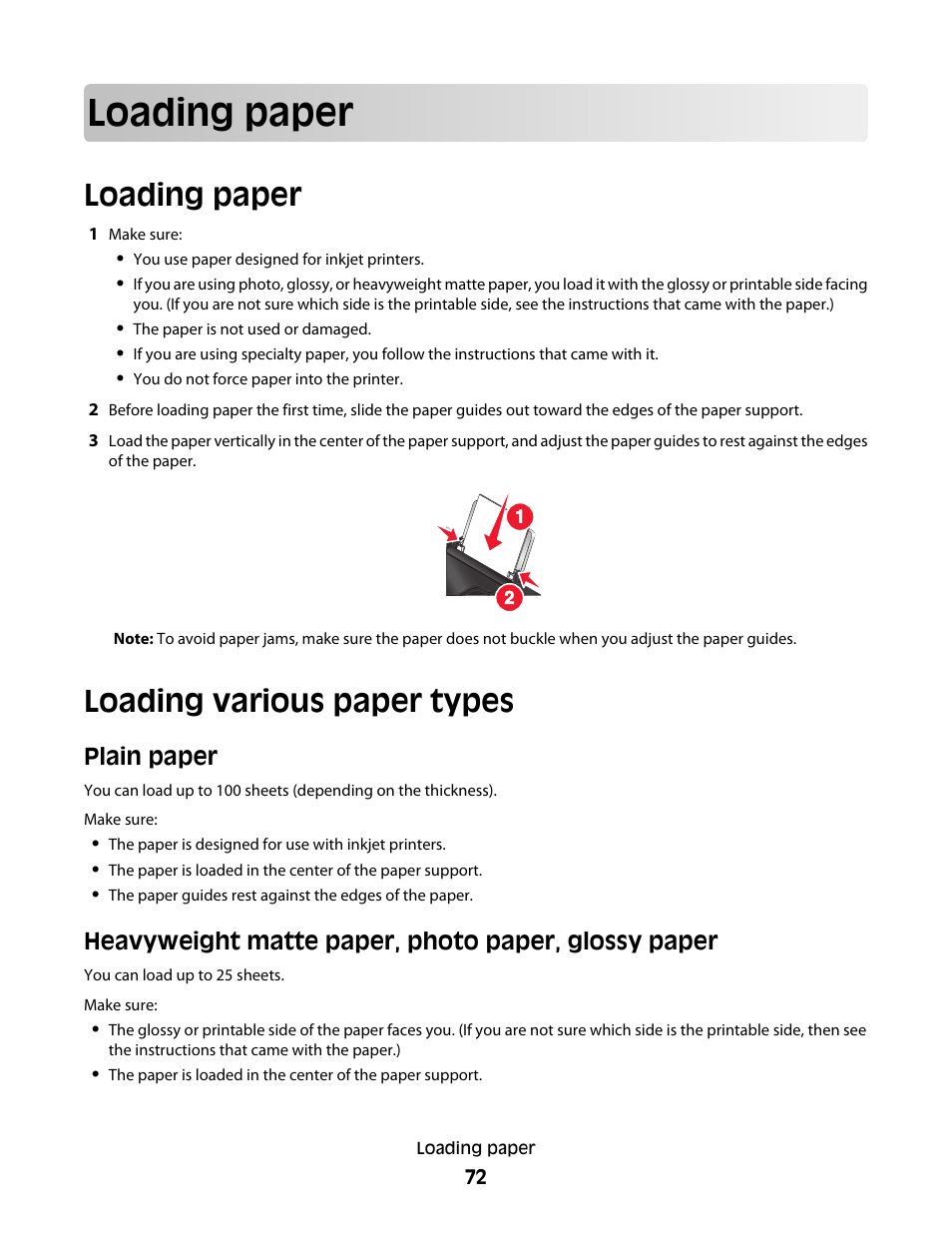 Loading paper, Loading various paper types, Plain paper | Heavyweight matte paper, photo paper, glossy paper | Lexmark 7600 Series User Manual | Page 72 / 181