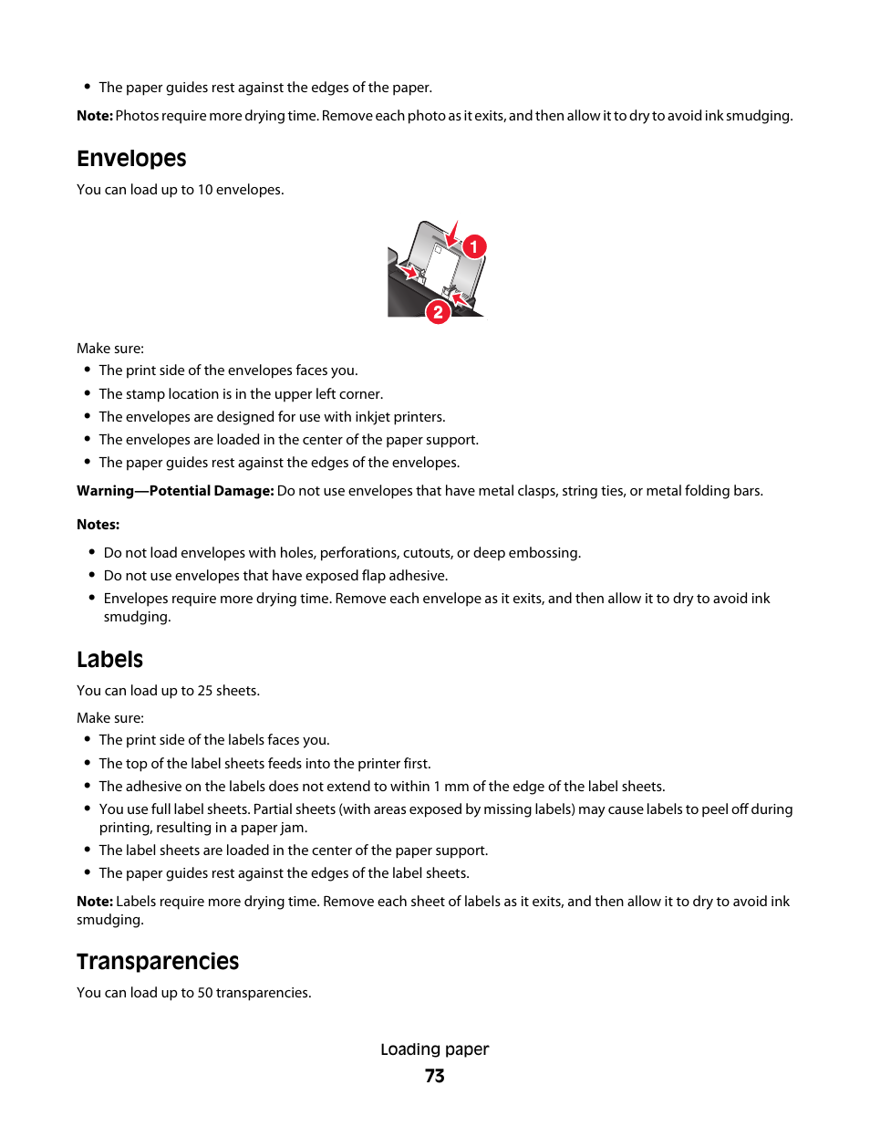 Envelopes, Labels, Transparencies | Lexmark 7600 Series User Manual | Page 73 / 181