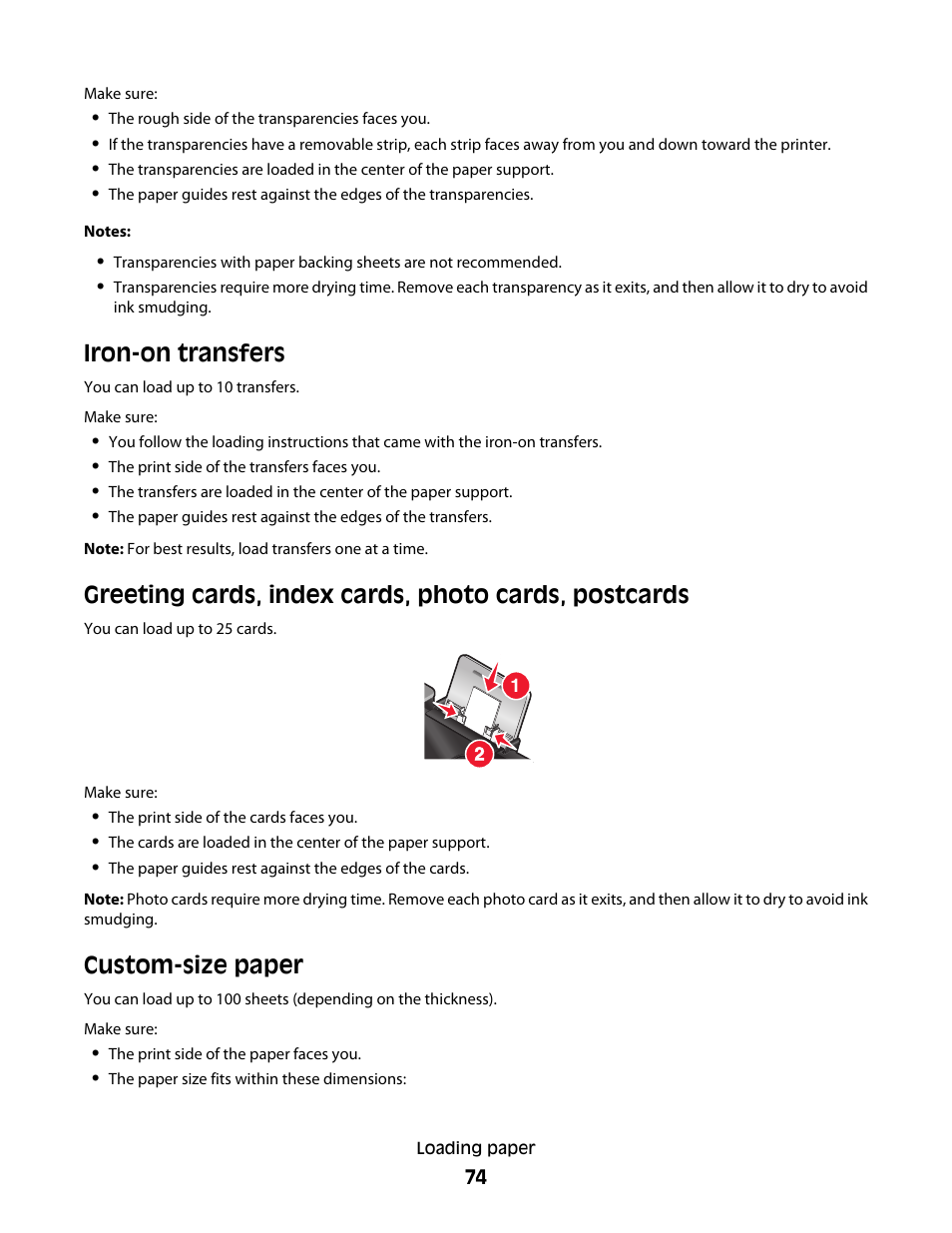 Iron-on transfers, Custom-size paper | Lexmark 7600 Series User Manual | Page 74 / 181