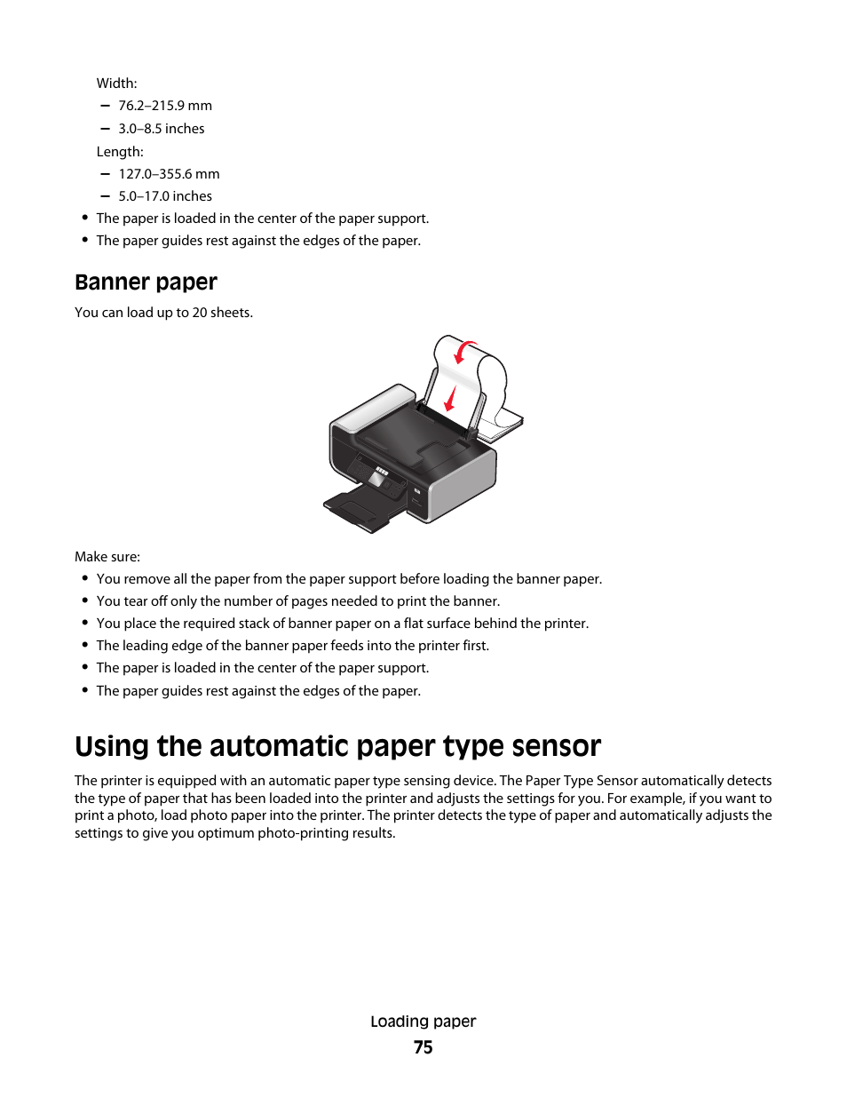 Using the automatic paper type sensor, Banner paper | Lexmark 7600 Series User Manual | Page 75 / 181