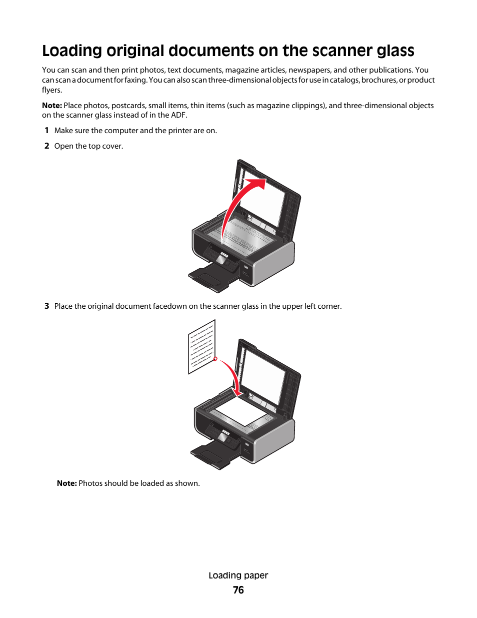 Loading original documents on the scanner glass | Lexmark 7600 Series User Manual | Page 76 / 181