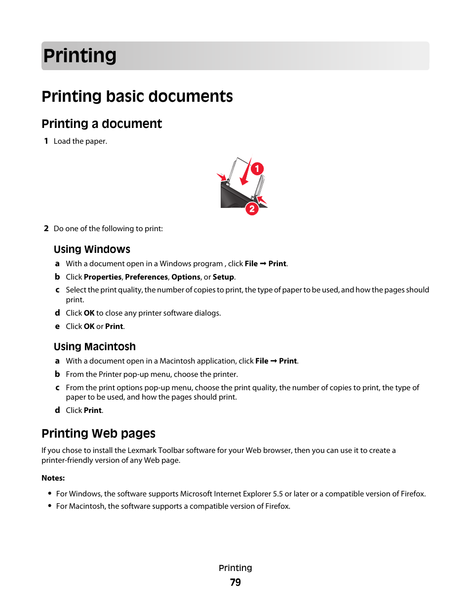 Printing, Printing basic documents, Printing a document | Printing web pages | Lexmark 7600 Series User Manual | Page 79 / 181