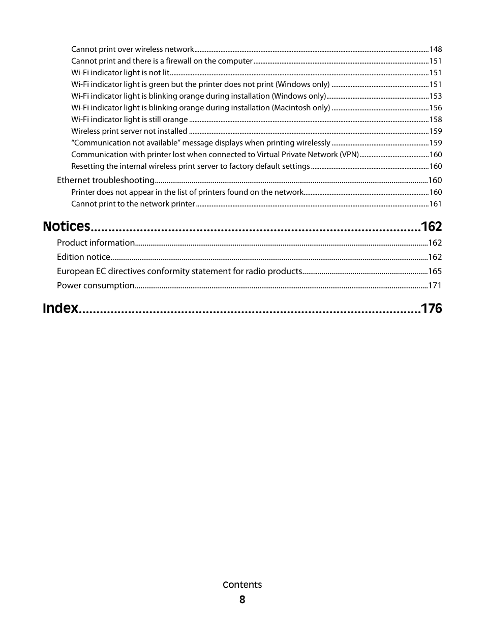 Notices, Index | Lexmark 7600 Series User Manual | Page 8 / 181