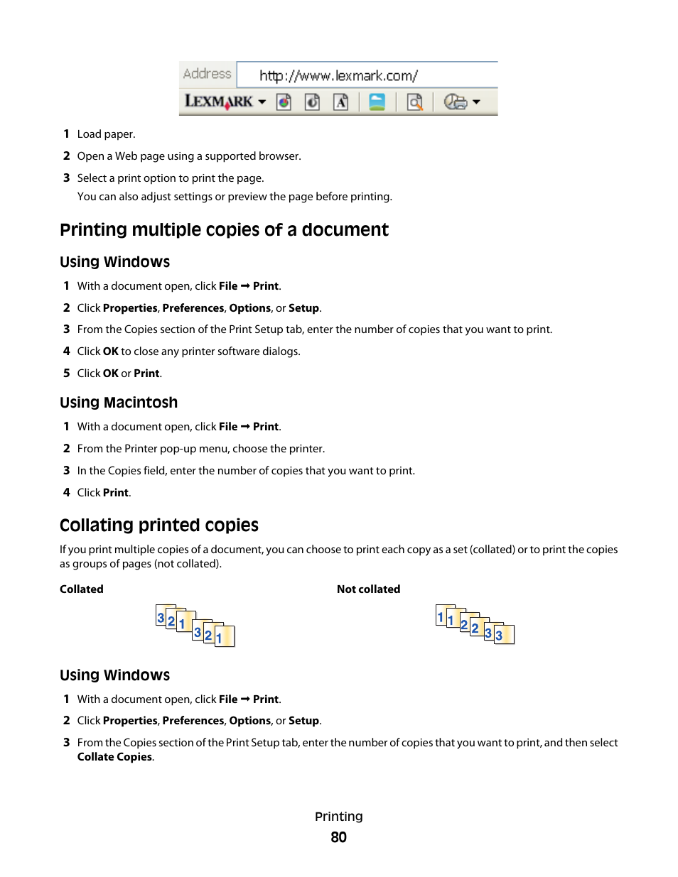 Printing multiple copies of a document, Collating printed copies | Lexmark 7600 Series User Manual | Page 80 / 181