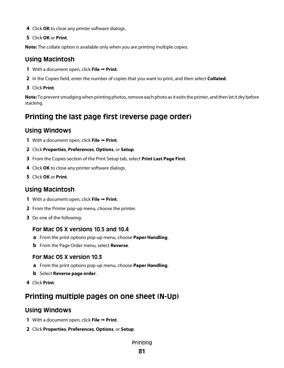 Printing the last page first (reverse page order), Printing multiple pages on one sheet (n-up) | Lexmark 7600 Series User Manual | Page 81 / 181