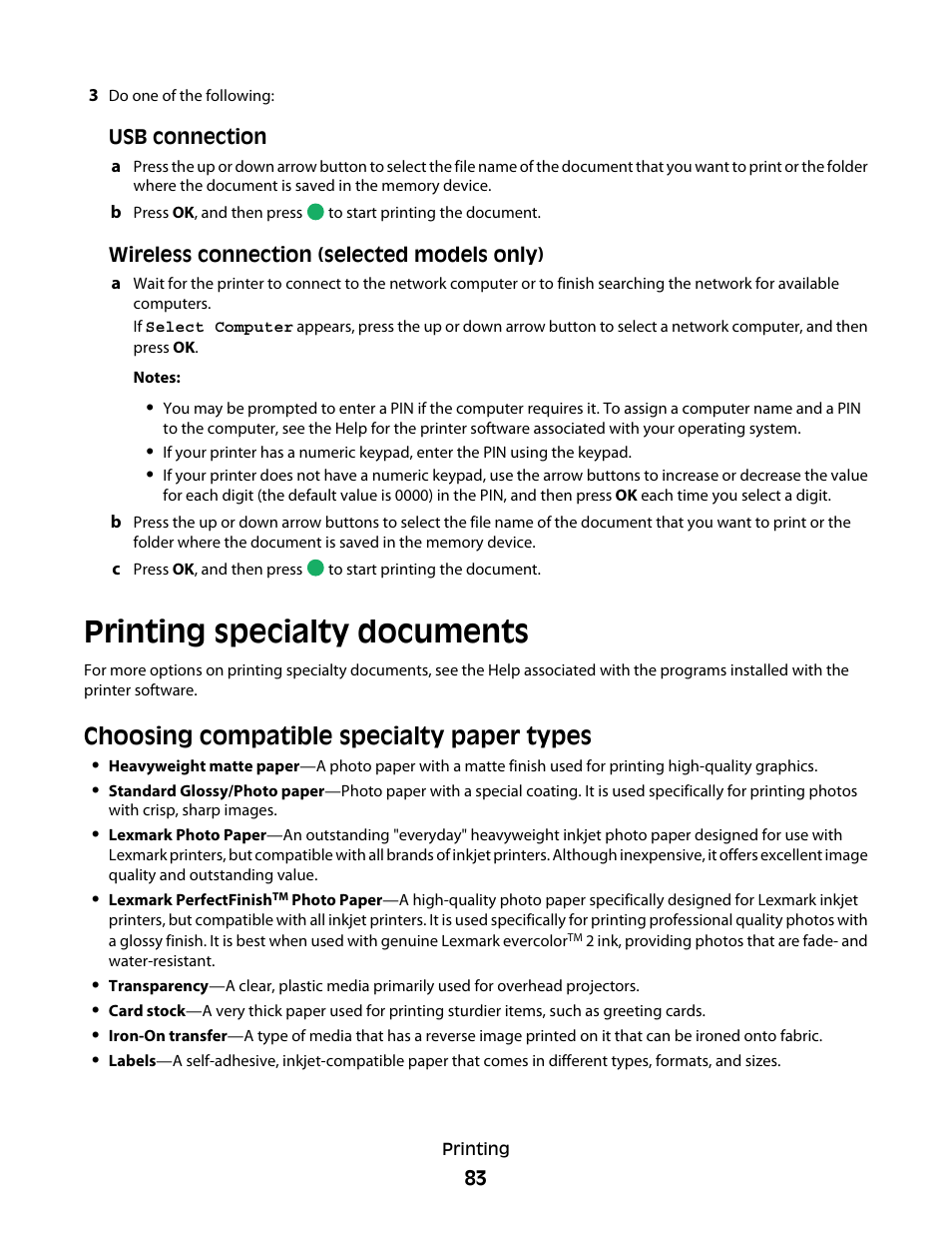 Printing specialty documents, Choosing compatible specialty paper types | Lexmark 7600 Series User Manual | Page 83 / 181