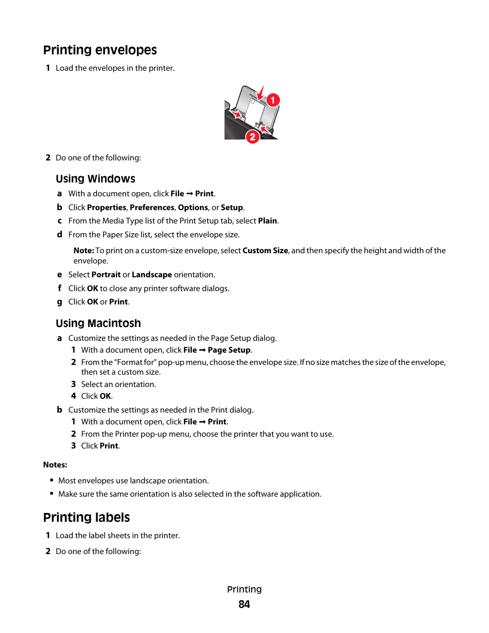 Printing envelopes, Printing labels, Printing envelopes printing labels | Lexmark 7600 Series User Manual | Page 84 / 181