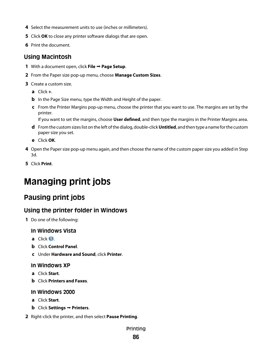 Managing print jobs, Pausing print jobs | Lexmark 7600 Series User Manual | Page 86 / 181