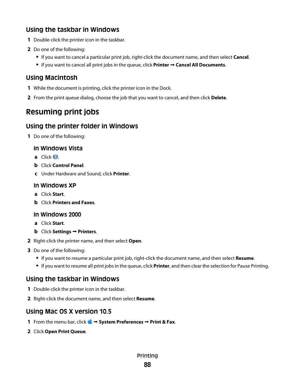 Resuming print jobs | Lexmark 7600 Series User Manual | Page 88 / 181