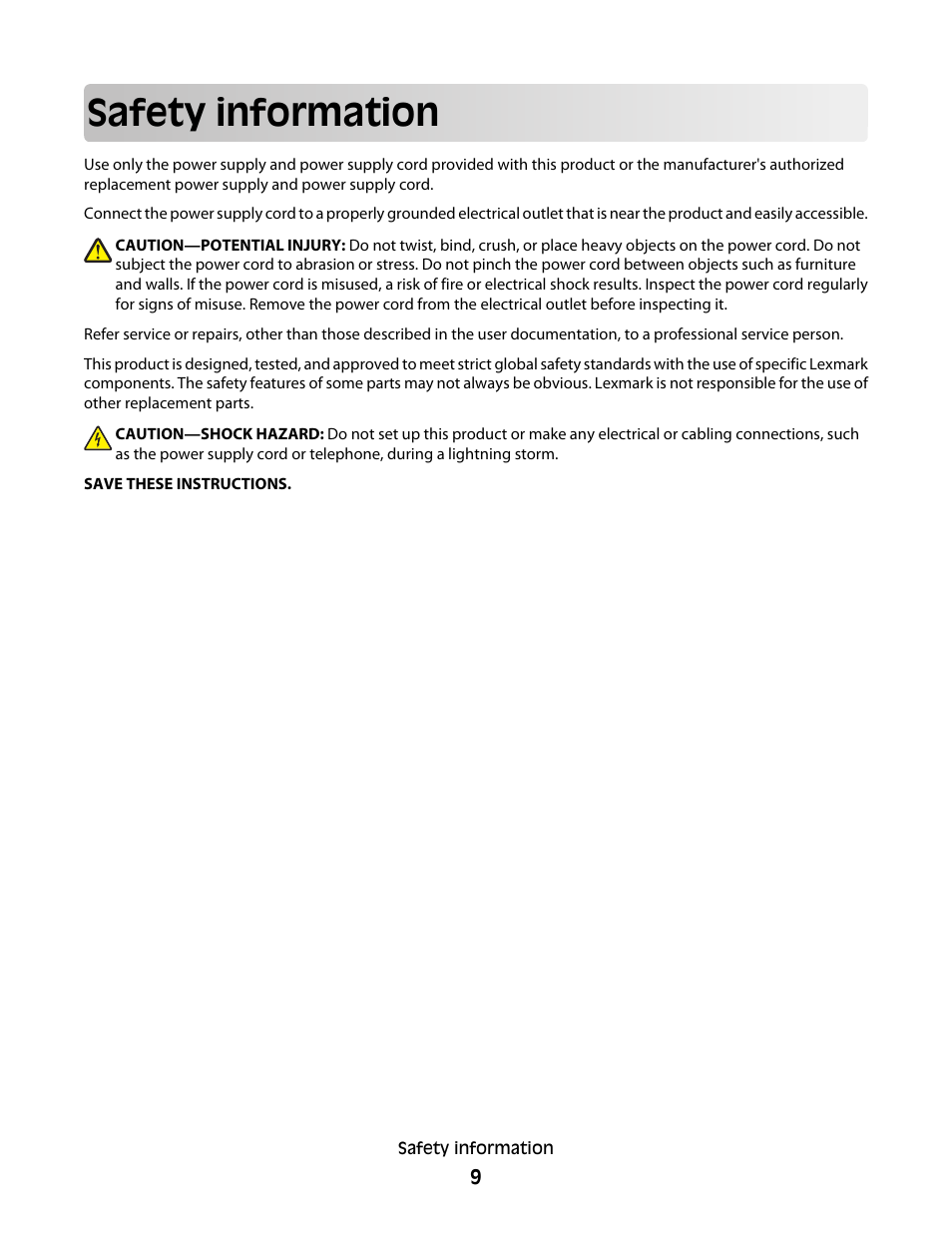 Safety information | Lexmark 7600 Series User Manual | Page 9 / 181