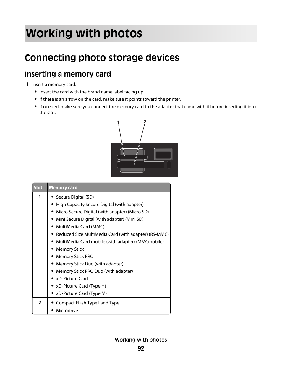 Working with photos, Connecting photo storage devices, Inserting a memory card | Lexmark 7600 Series User Manual | Page 92 / 181