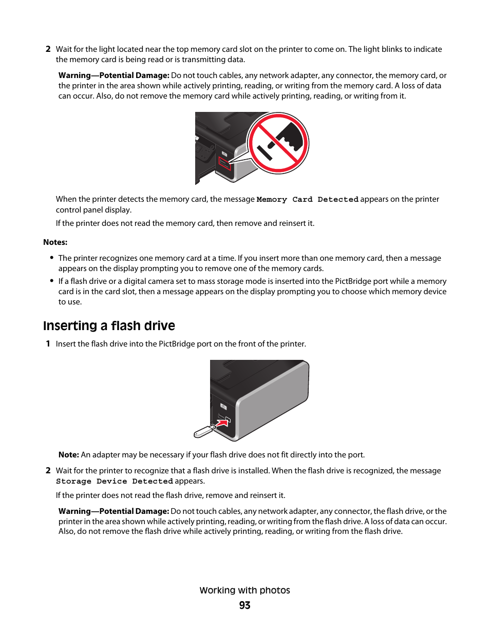 Inserting a flash drive | Lexmark 7600 Series User Manual | Page 93 / 181