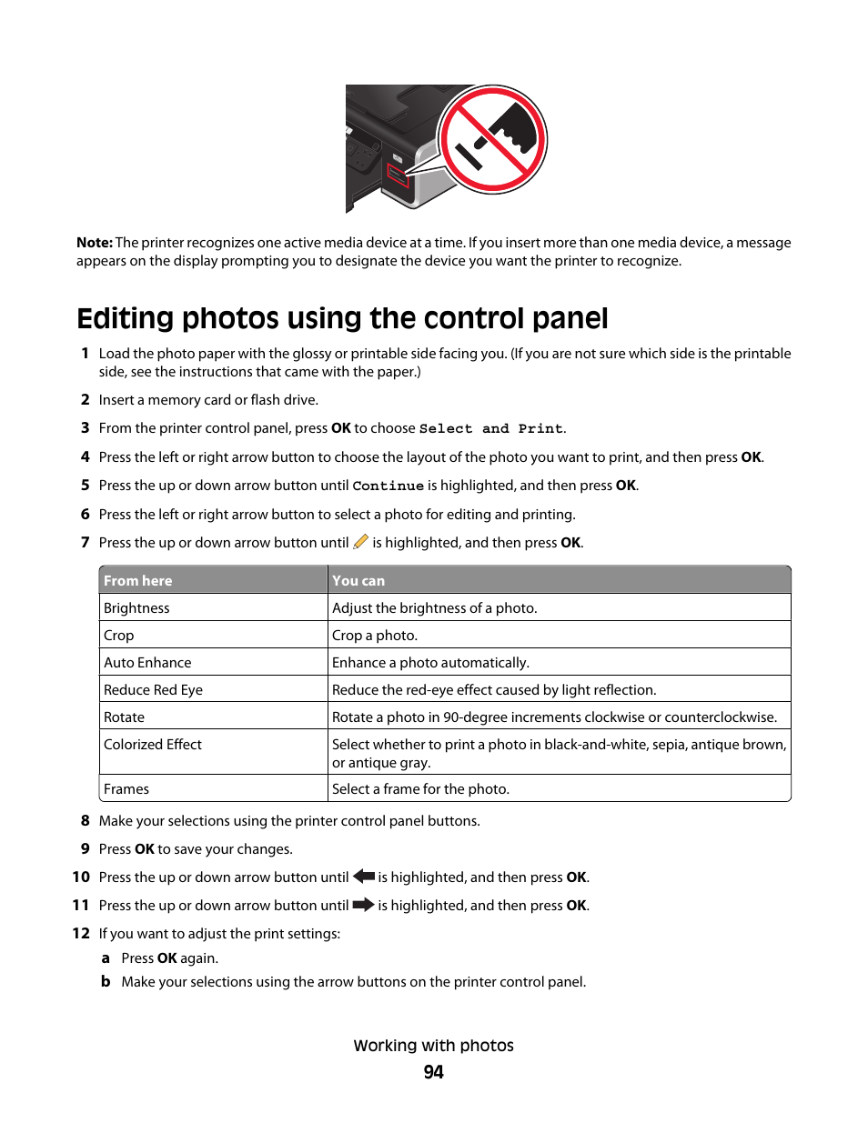 Editing photos using the control panel | Lexmark 7600 Series User Manual | Page 94 / 181