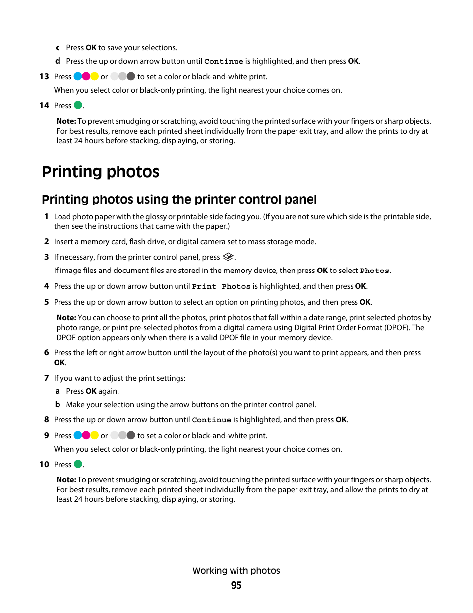 Printing photos, Printing photos using the printer control panel | Lexmark 7600 Series User Manual | Page 95 / 181