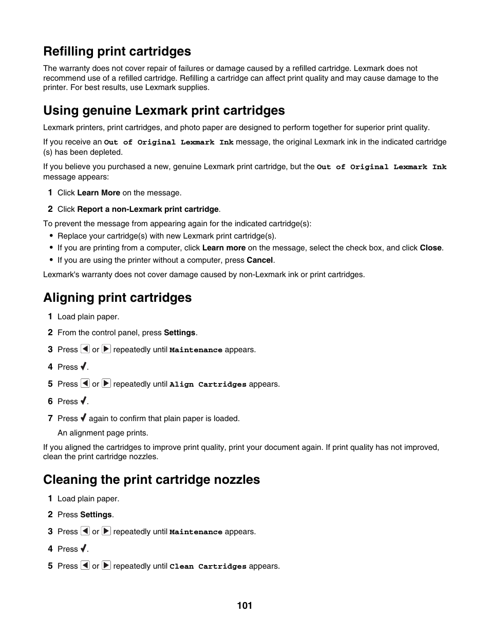 Refilling print cartridges, Using genuine lexmark print cartridges, Aligning print cartridges | Cleaning the print cartridge nozzles | Lexmark 5000 Series User Manual | Page 101 / 171