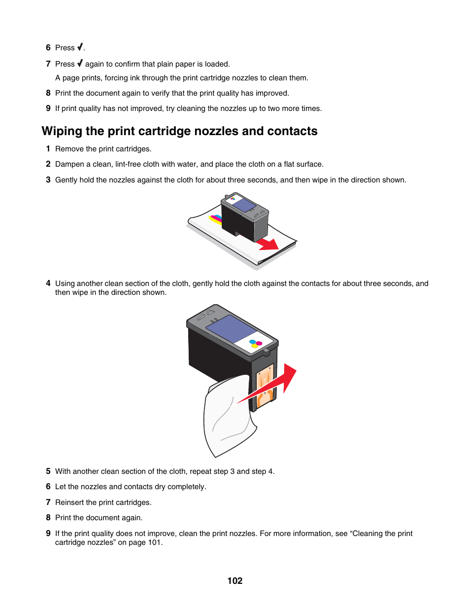 Wiping the print cartridge nozzles and contacts | Lexmark 5000 Series User Manual | Page 102 / 171
