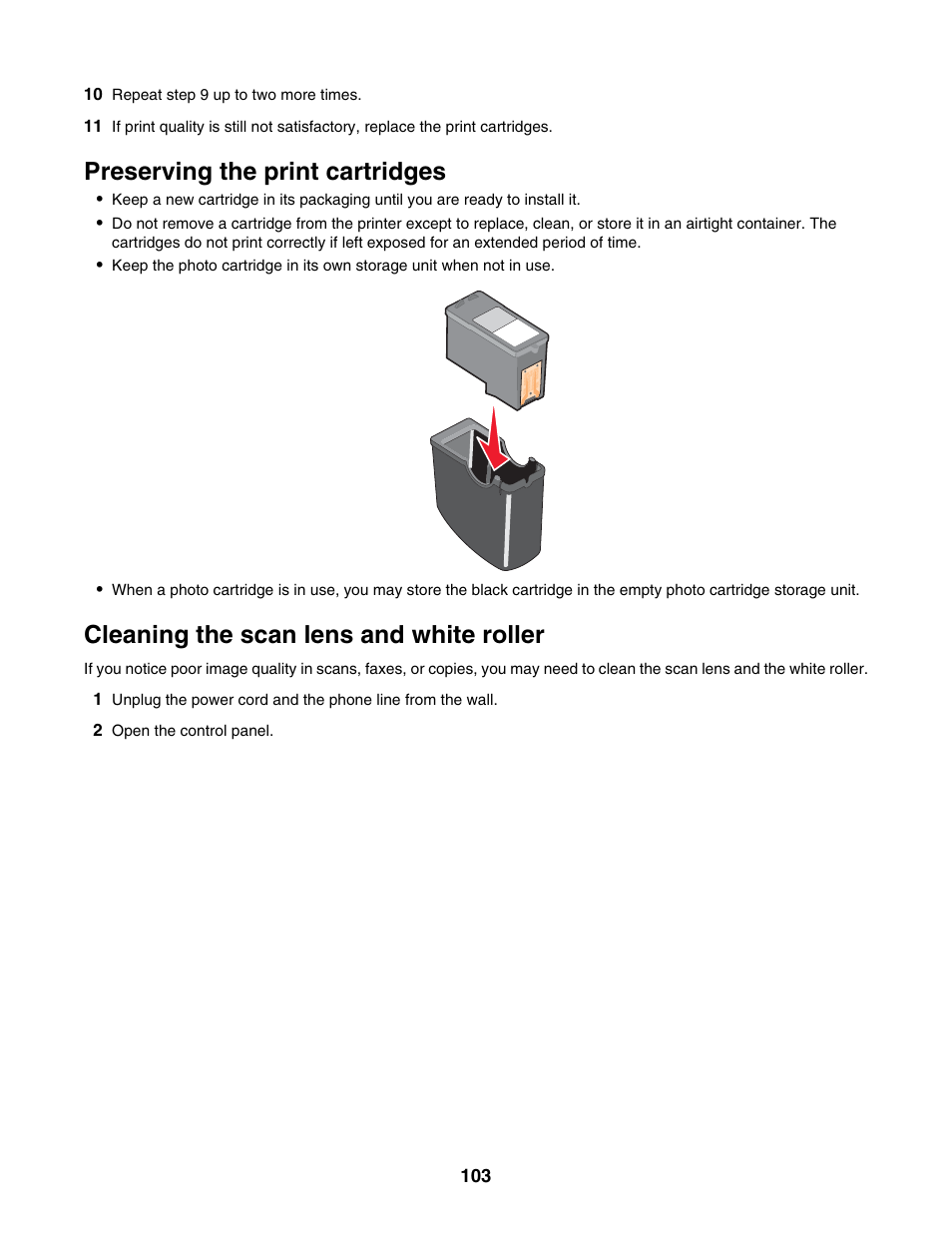 Preserving the print cartridges, Cleaning the scan lens and white roller | Lexmark 5000 Series User Manual | Page 103 / 171