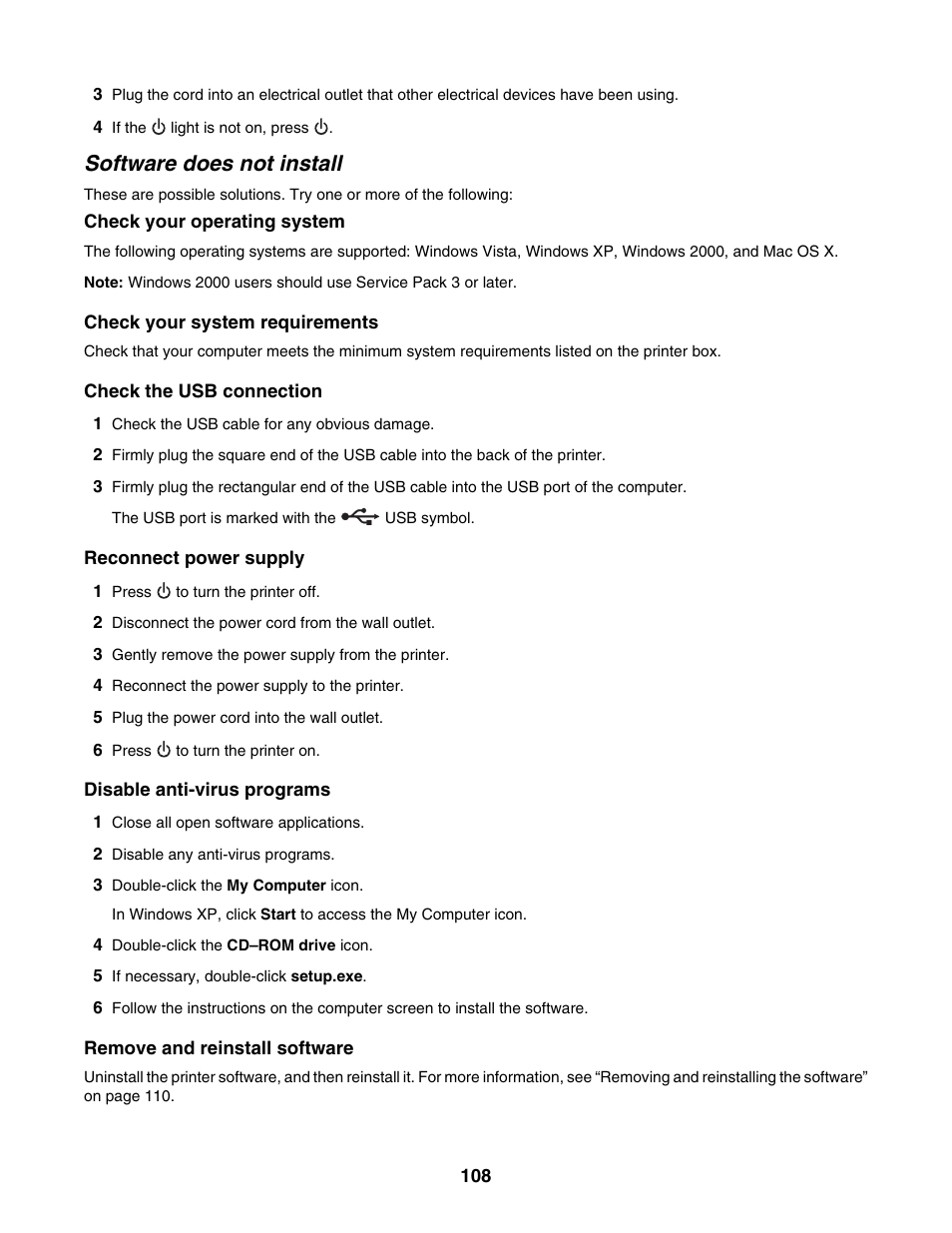 Software does not install | Lexmark 5000 Series User Manual | Page 108 / 171