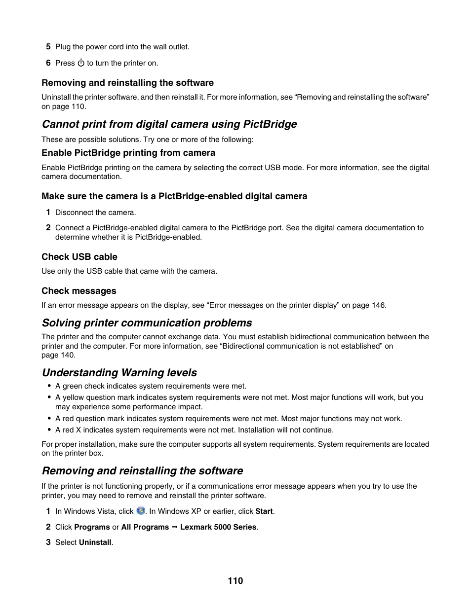 Cannot print from digital camera using pictbridge, Solving printer communication problems, Understanding warning levels | Removing and reinstalling the software | Lexmark 5000 Series User Manual | Page 110 / 171