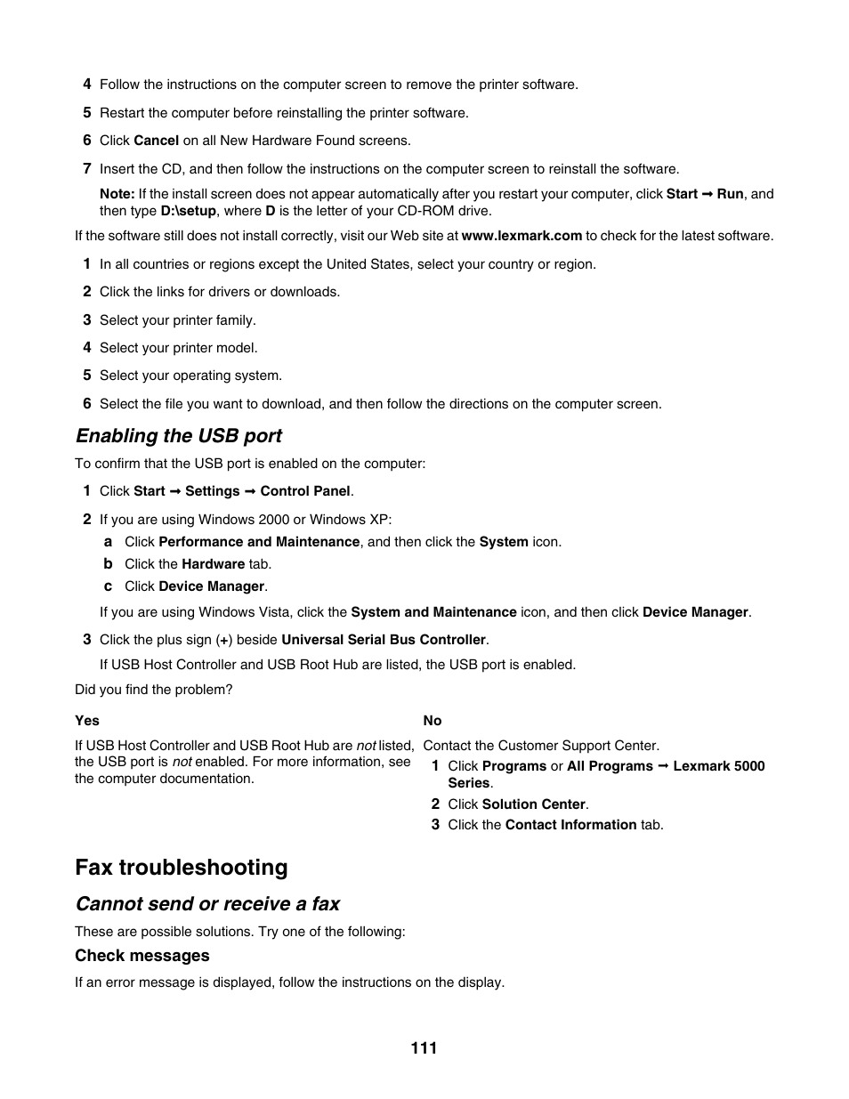 Enabling the usb port, Fax troubleshooting, Cannot send or receive a fax | Lexmark 5000 Series User Manual | Page 111 / 171