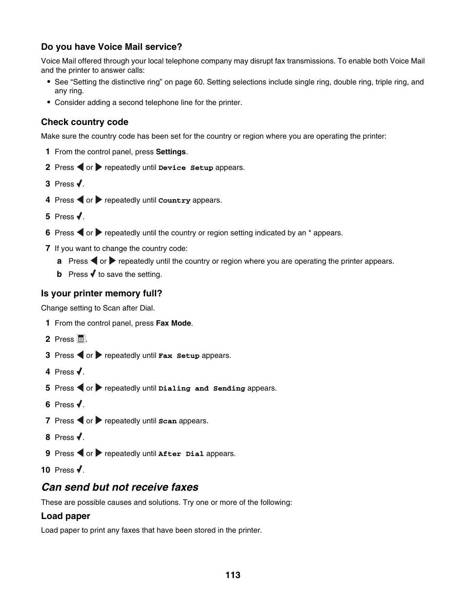 Can send but not receive faxes | Lexmark 5000 Series User Manual | Page 113 / 171