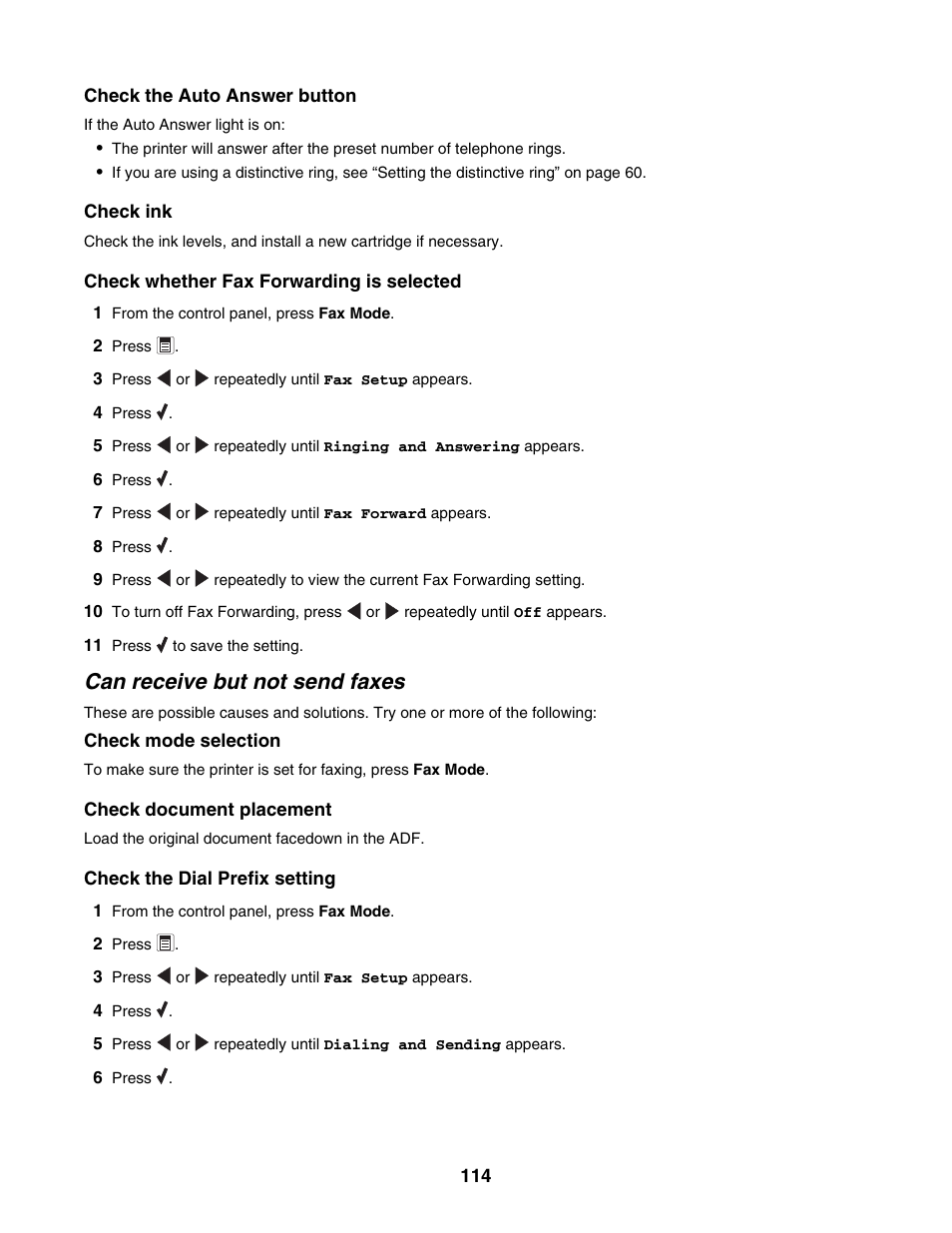 Can receive but not send faxes | Lexmark 5000 Series User Manual | Page 114 / 171
