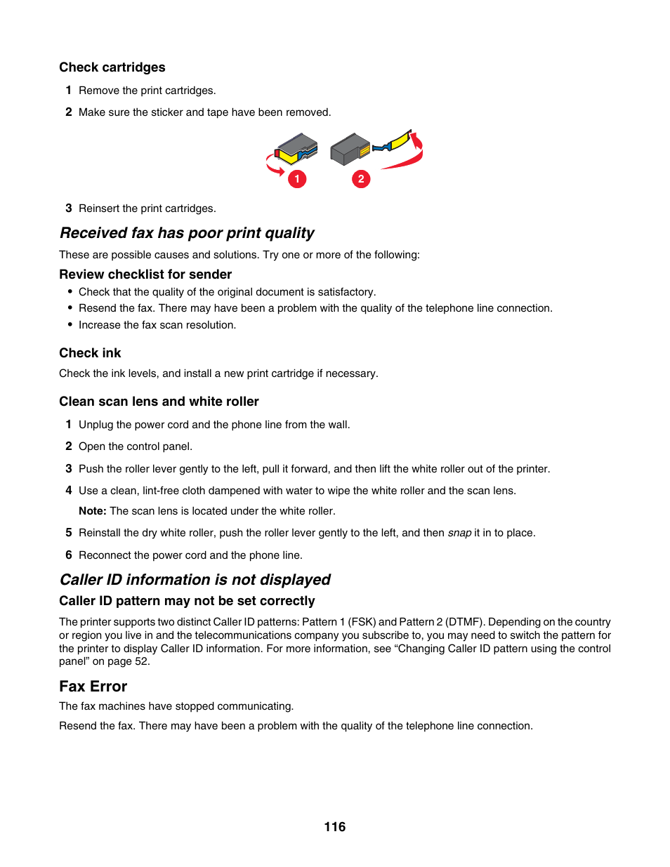 Received fax has poor print quality, Caller id information is not displayed, Fax error | Lexmark 5000 Series User Manual | Page 116 / 171