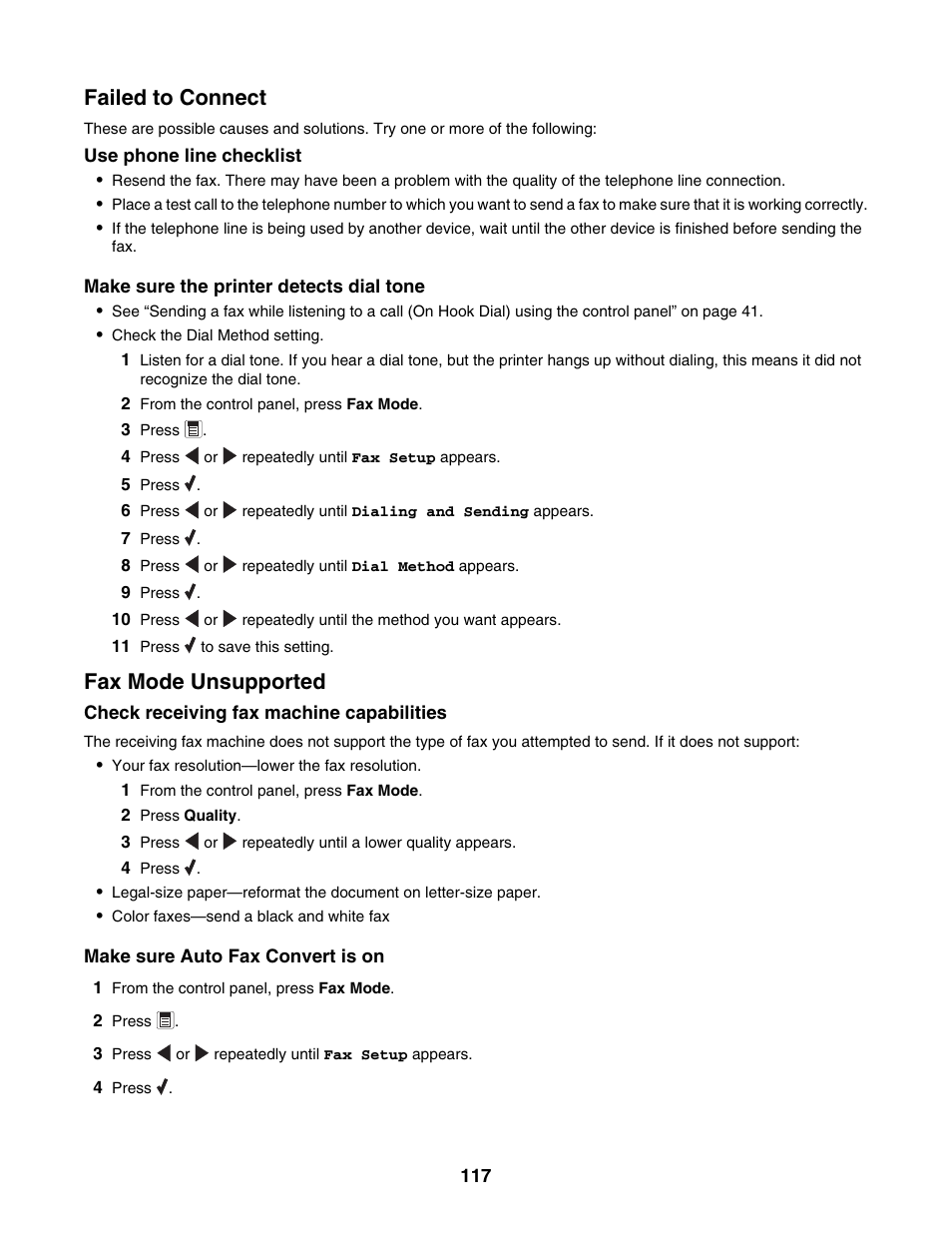 Failed to connect, Fax mode unsupported | Lexmark 5000 Series User Manual | Page 117 / 171