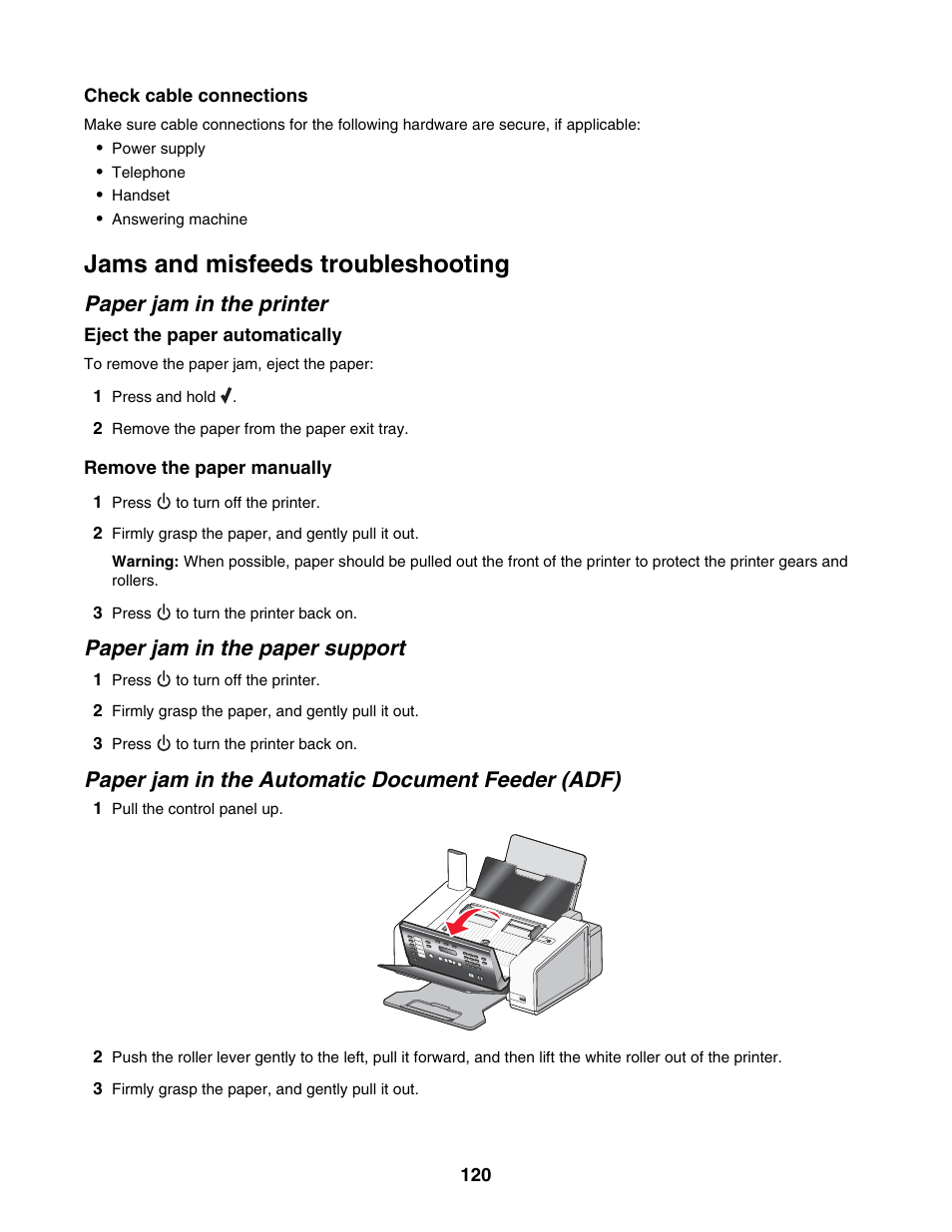 Jams and misfeeds troubleshooting, Paper jam in the printer, Paper jam in the paper support | Paper jam in the automatic document feeder (adf) | Lexmark 5000 Series User Manual | Page 120 / 171