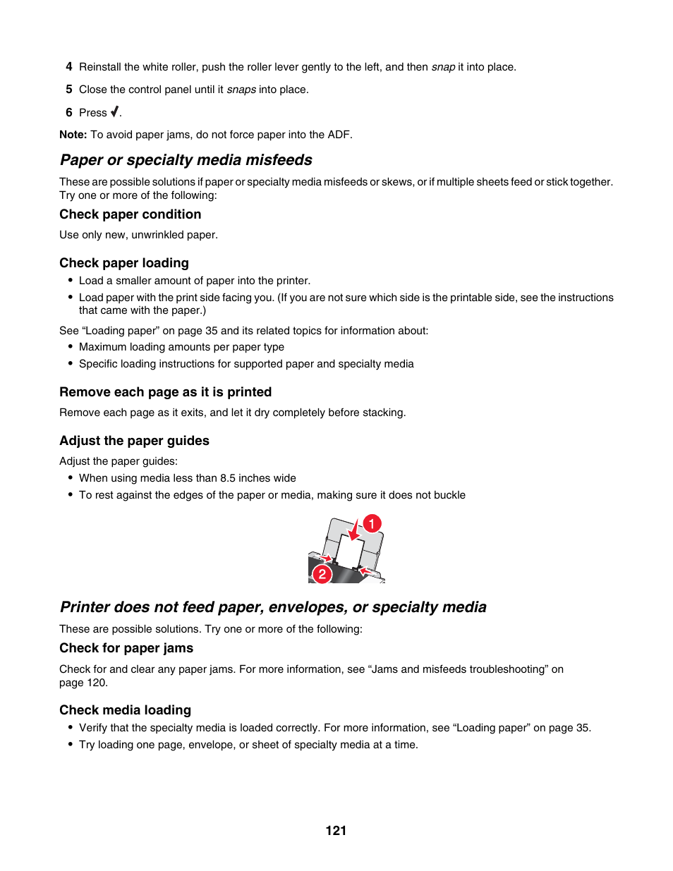 Paper or specialty media misfeeds | Lexmark 5000 Series User Manual | Page 121 / 171