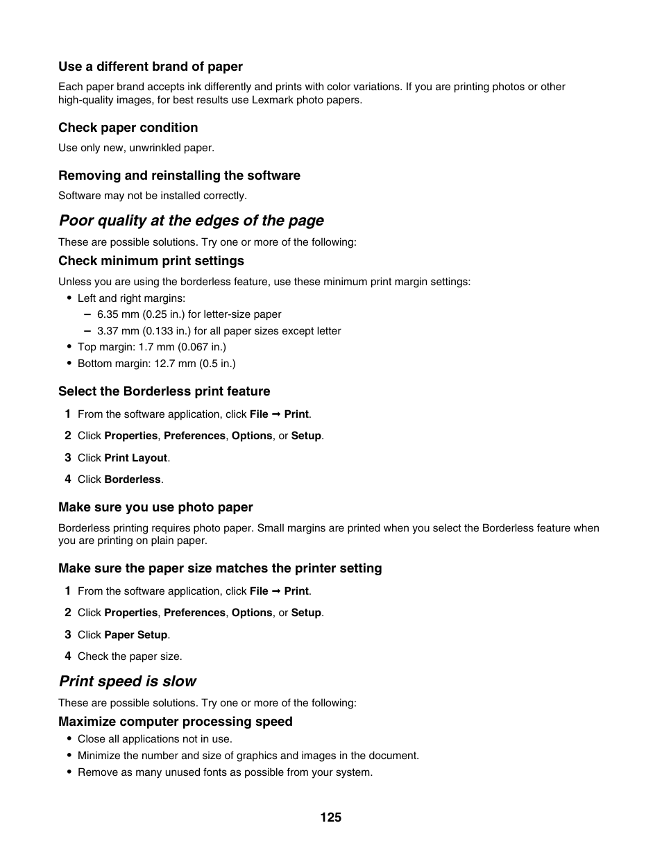 Print speed is slow, Poor quality at the edges of the page | Lexmark 5000 Series User Manual | Page 125 / 171