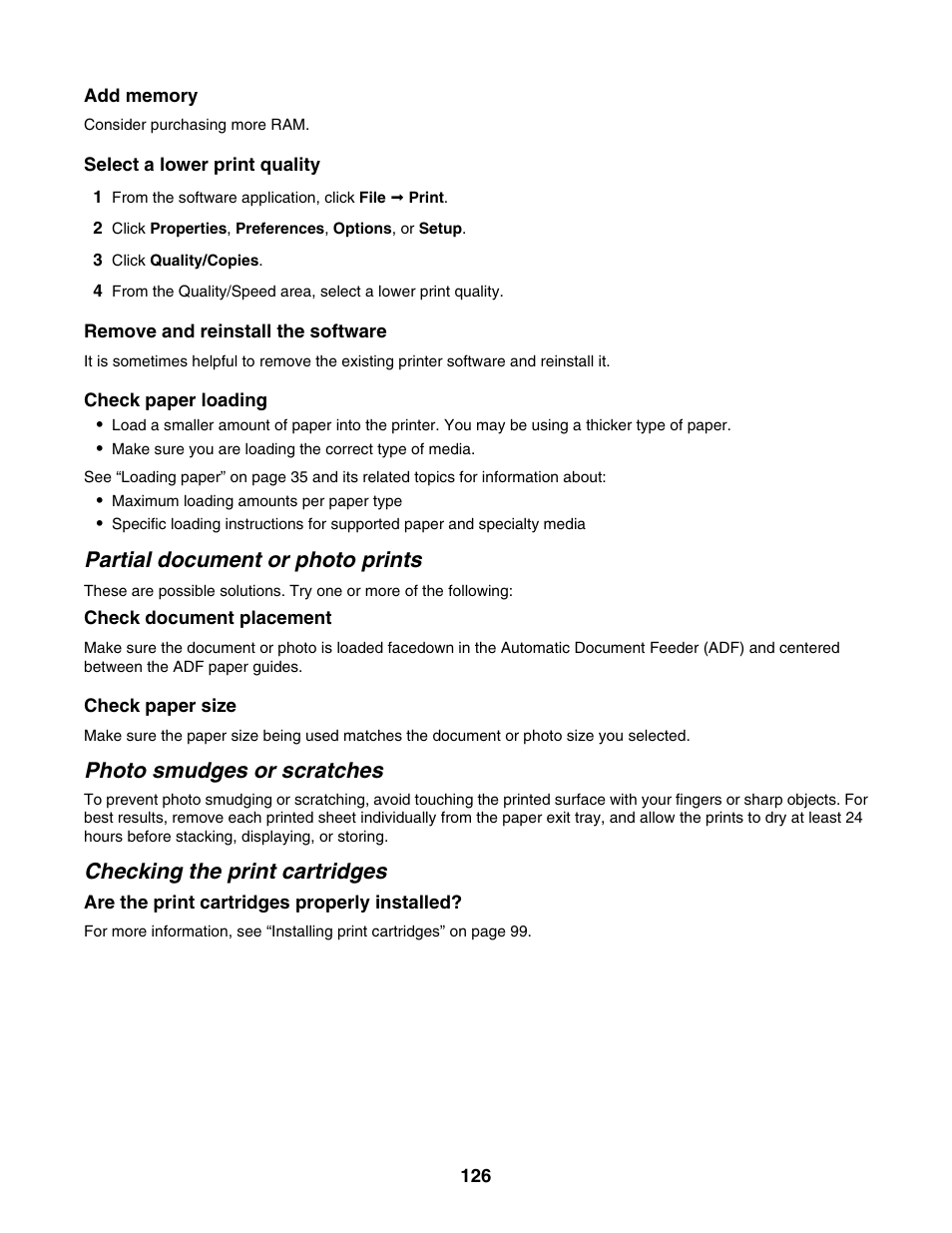 Partial document or photo prints, Photo smudges or scratches, Checking the print cartridges | Lexmark 5000 Series User Manual | Page 126 / 171